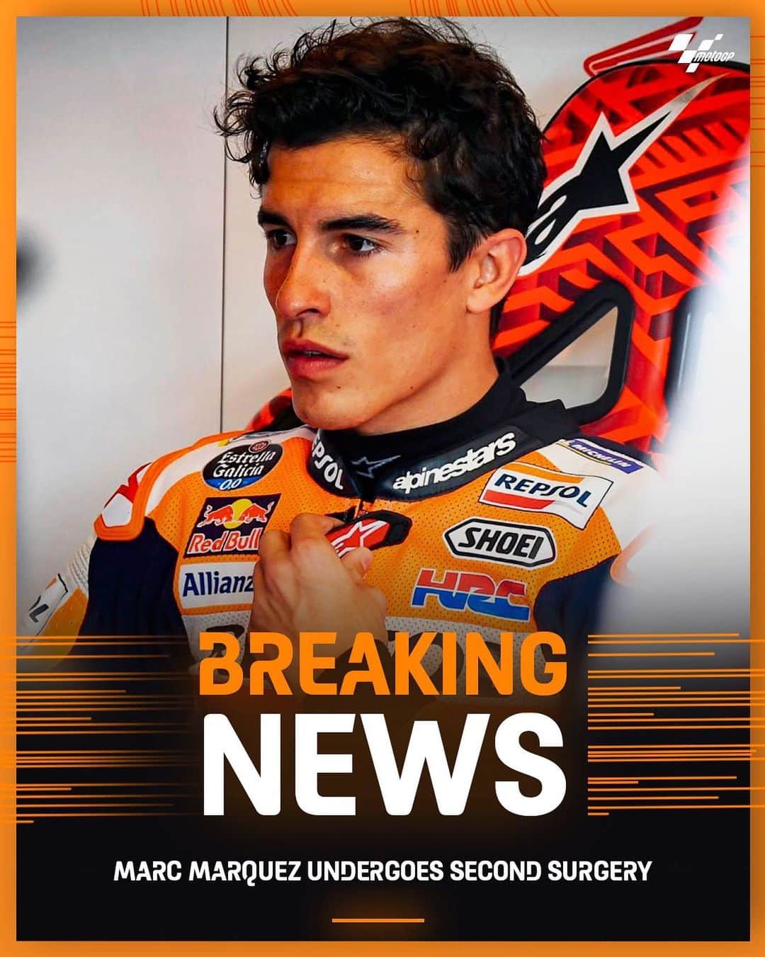 のインスタグラム：「BREAKING 📋 @marcmarquez93  underwent a second operation today to replace the  titanium plate used to fix his right humerus, which was found to have suffered damage due to stress accumulation. The @hrc_motogp rider will now stay in hospital for 48 hours before being discharged #MotoGP #MM93」