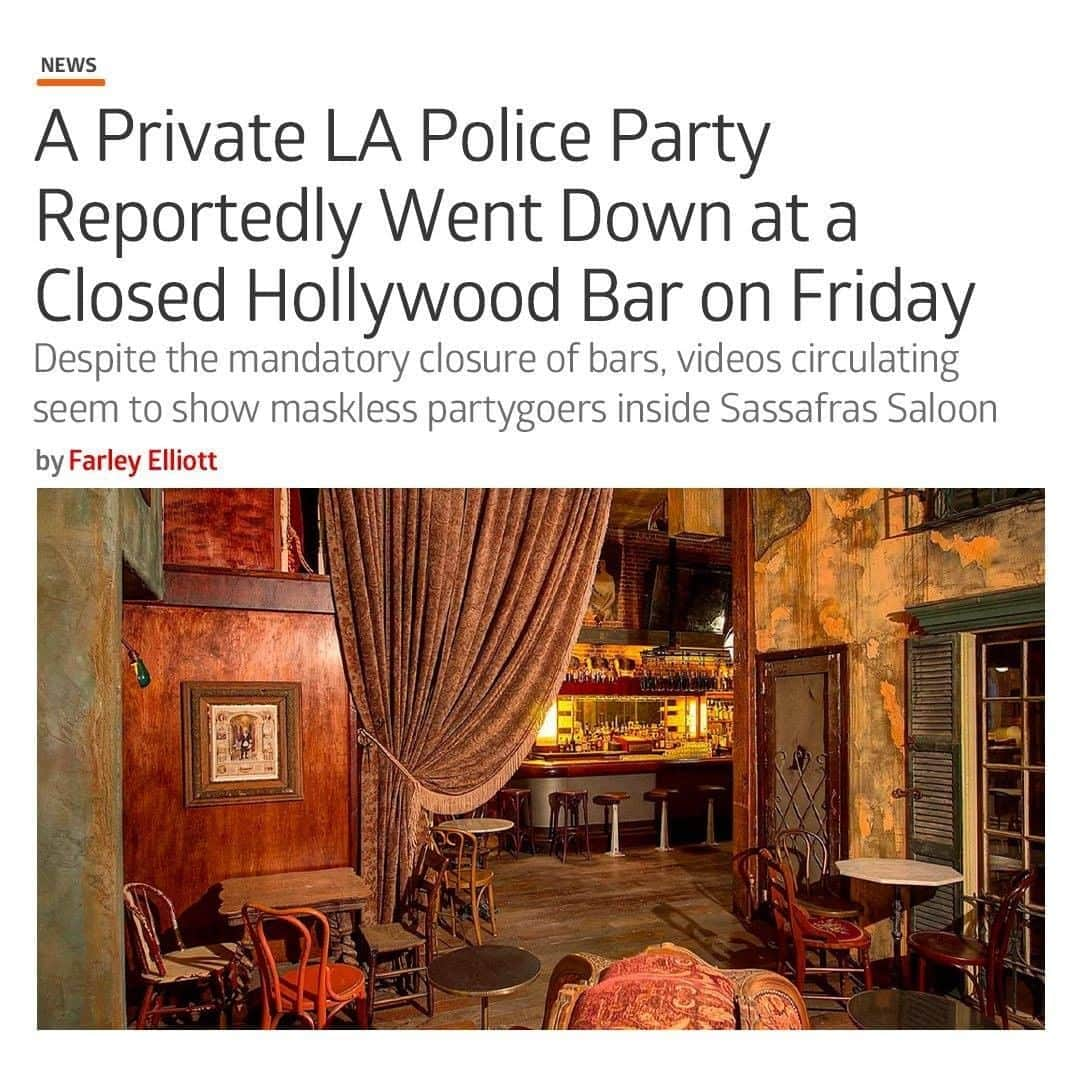 Eater LAさんのインスタグラム写真 - (Eater LAInstagram)「Social media videos circulating this morning purport to show a private party at closed bar Sassafras Saloon in Hollywood this past weekend, with those inside said to be first responders including members of the police. Reports first surfaced on the Twitter account of Knock.LA and KCRW reporter Cerise Castle, showing multiple people entering Sassafras’s building and, later, the interior of the bar in full swing — music and all — with limited social distancing and little mask-wearing inside. Story by Eater LA senior editor Farley Elliott in bio (@overoverunder) 📸 Sassafras Saloon」8月4日 5時53分 - eater_la