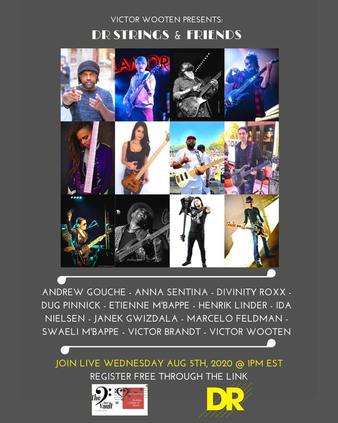 ヴィクター・ウッテンのインスタグラム：「Join us for DR Strings and other Things Wednesday at 1pm Eastern. Free - with Dug Pinnick, Ida Nielson, Henrik Linder, @andrew_gouche , @diviroxx , Etienne M’bappe, @janekgwizdala , and More.  Learn tips, hear stories, ask questions, don’t miss it. Register below.   https://berklee.zoom.us/webinar/register/WN_YHuauiliTVy4IHiLt0_Wpw」