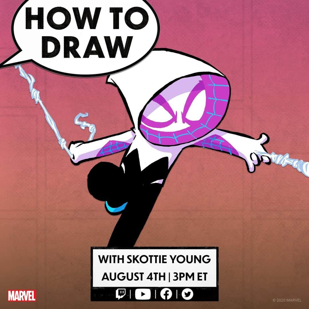 Marvel Entertainmentさんのインスタグラム写真 - (Marvel EntertainmentInstagram)「Join artist @SkottieYoung TOMORROW at 3PM ET as he brings some of your favorite Marvel characters, including Ghost-Spider, to life! #MarvelAtHome」8月4日 9時00分 - marvel