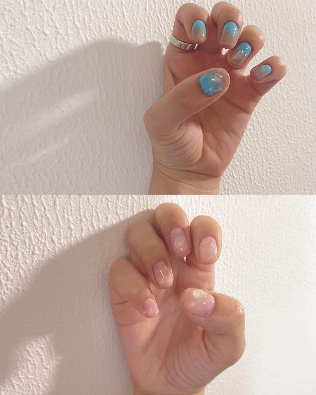 DJ mariennuのインスタグラム：「独学selfnail💅 自分でやってみたかった水滴ネイルやってみました💧 左は水色と暗めのベージュの浅いグラデーションにして右手はクリアにしてみました🤍 お金をかけないをモットーにやってるので100均の文具の平筆使用&安いジェルを使ってるから(硬い〜涙)ガタつきが凄いけど素人だから許します。selfnailからのselfcare。なんつって。 #nail #selfnail」