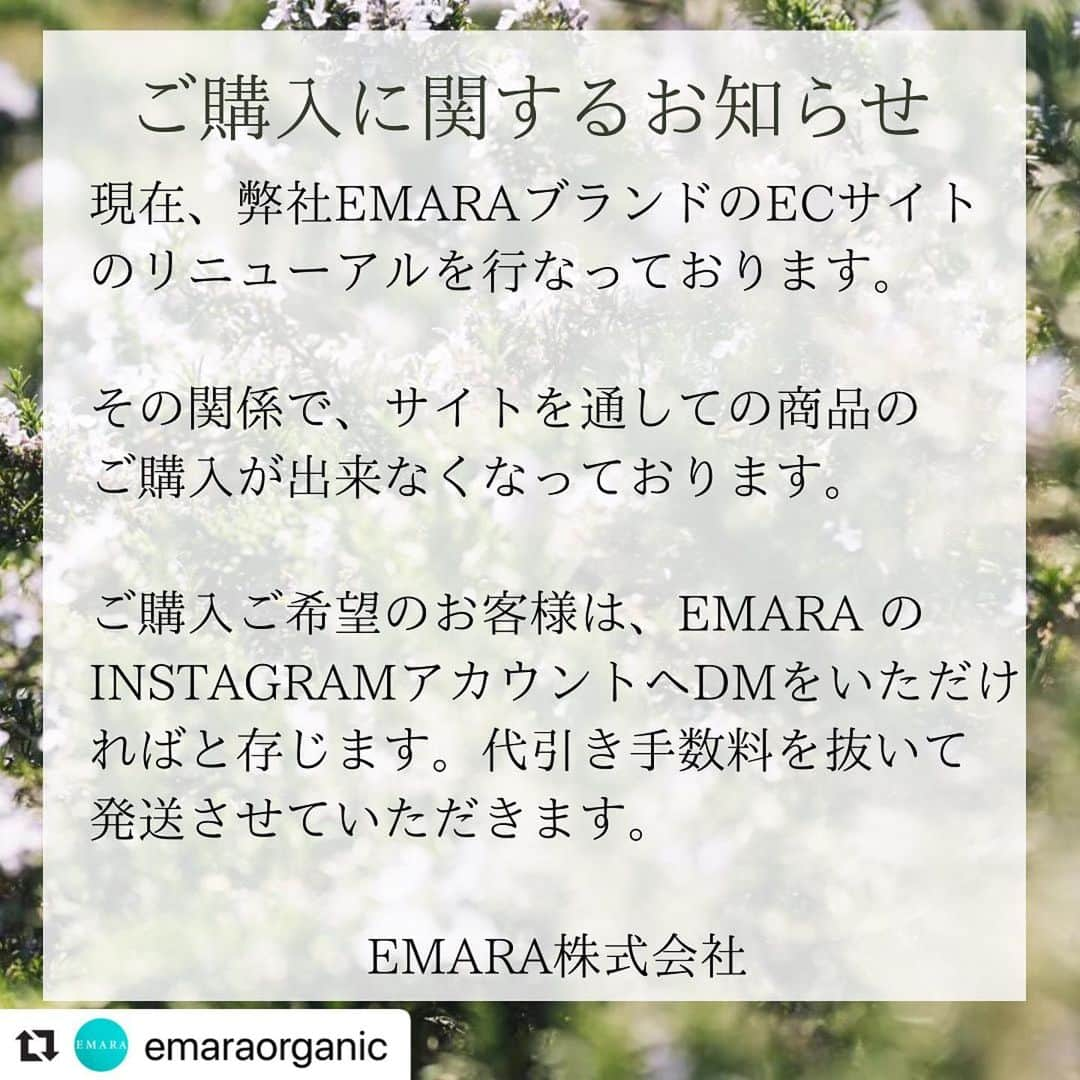 宮崎宣子さんのインスタグラム写真 - (宮崎宣子Instagram)「EMARAをお買い求めの皆様、 いつも本当にありがとうございます。  現在、サイトリニューアルのため、 購入ができなくなっており、ご迷惑をおかけしております。  つきましては、 電話注文03-6881-9848 にて代引き手数料ナシで対応しております。  または、 @emaraorganic  のサイトよりDMを送って頂きますと、折り返しご連絡させて頂きお送りさせて頂きます。  大変ご迷惑をおかけしておりますが、8月中旬頃にはリニューアル予定でございますので、何卒宜しくお願い致します。  宮崎宣子」8月4日 15時47分 - miyazaki_nobuko