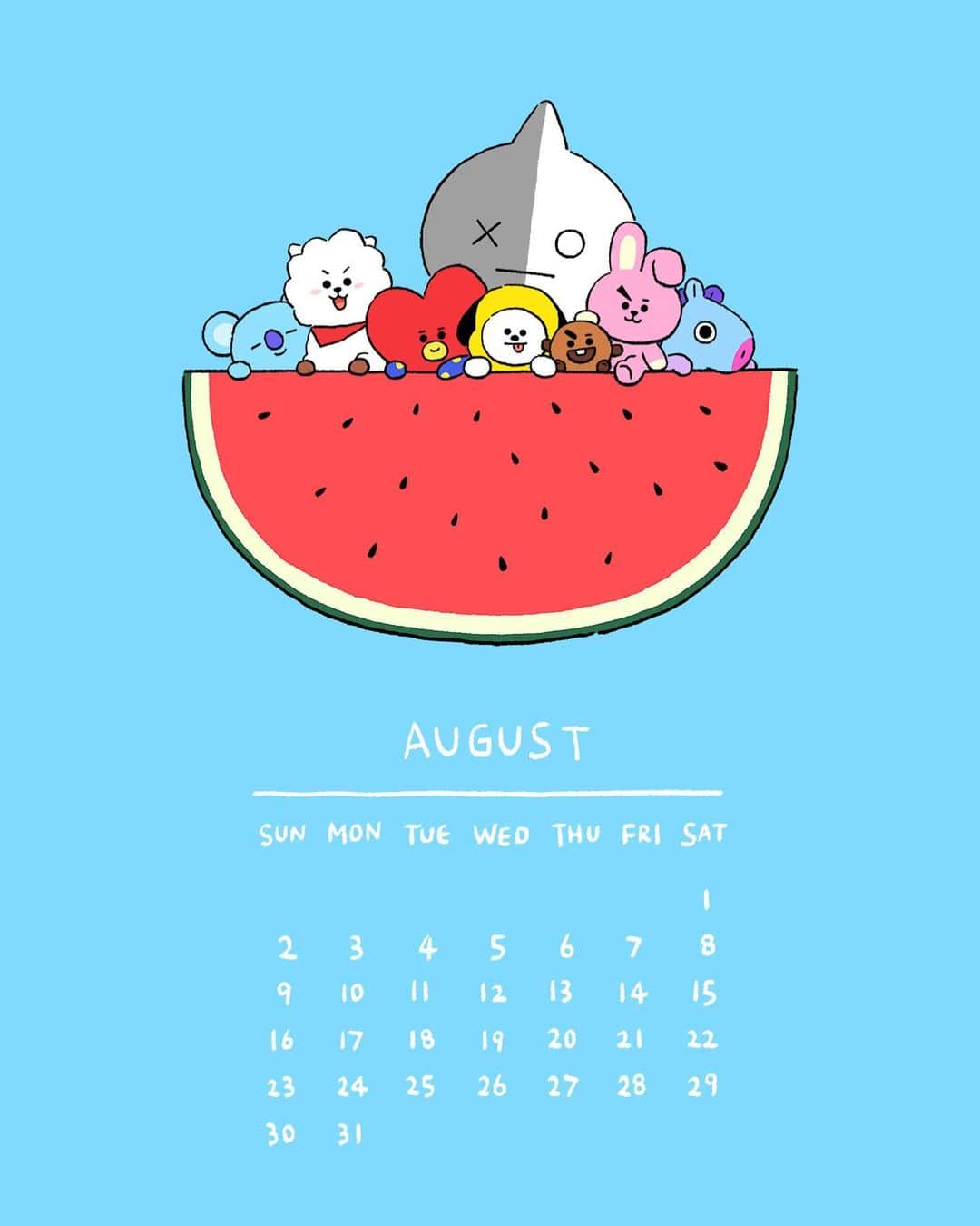 BT21 Stars of tomorrow, UNIVERSTAR!さんのインスタグラム写真 - (BT21 Stars of tomorrow, UNIVERSTAR!Instagram)「Spend your days with BT21 ✨ ⠀ Check out our Instagram story to download! ⠀ #August #Calendar #Summer #Wallpaper #Watermelon #BT21」8月4日 18時02分 - bt21_official