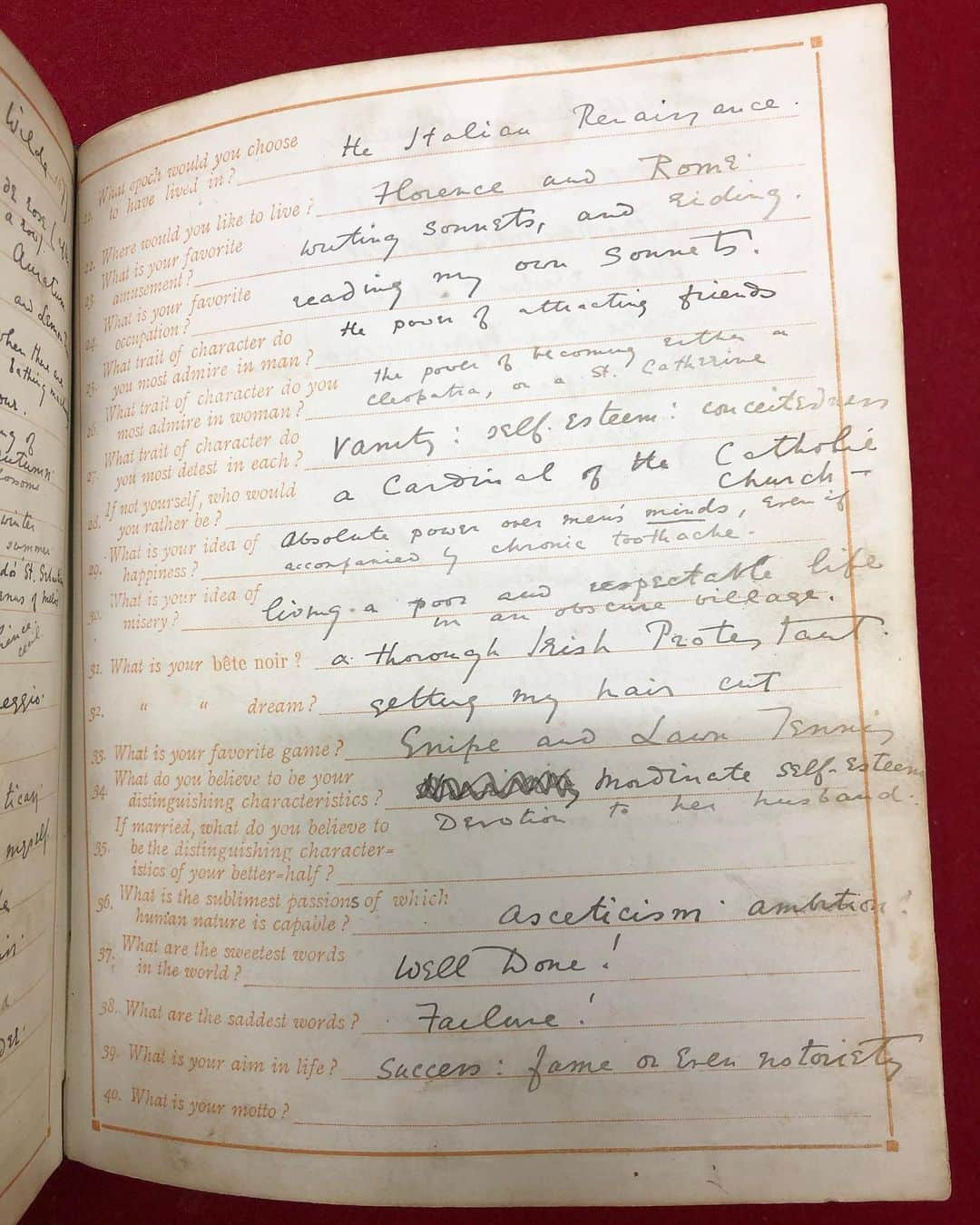 サザビーズさんのインスタグラム写真 - (サザビーズInstagram)「Oscar Wilde’s “Confessions”: Wilde filled in this questionnaire when he was on the cusp of stardom in 1877. His replies sparkle with ebullience and wit – exactly what you would expect from this bold young writer, still in his early twenties but already experiencing his first taste of fame. 🌟  Across 39 questions he details all his favourite - and least favourite - things:  Your idea of happiness? ‘Absolute power over men’s minds, even if accompanied by chronic toothache’   Your idea of misery? ‘Living a poor and respectable life in an obscure village’   What is your dream? ‘Getting my hair cut’   What is your favourite object in nature? ‘The sea (when there are no bathing machines)’ 🌊   Book to take up for an hour? ‘I never take up books for an hour’   What are the sweetest words in the world? ‘Well done!’   What are the saddest words? ‘Failure’  This questionnaire - likely filled in for an admiring fan - freezes the young Oscar in a moment in time, but also provides a chilling prophecy of what was to come. His answer to the final question ‘What is your aim in life?’ reads ‘fame, or even notoriety’.  This slice of literary history comes to sale from the collection of actor and director Steven Berkoff (b.1937), the villain in James Bond’s Octopussy who has a special connection with Oscar Wilde, having directed an interpretation of Salome to great acclaim in the 1980s. It was around this time that he started collecting first editions of Wilde’s works (a number of which we are offering in our sale this week), and of course this album too.   Bidding on Sotheby’s Summer Miscellany Sale of Books and Manuscripts closes at 14.00 BST today. #SothebysBooks #OscarWilde 📖」8月4日 18時38分 - sothebys