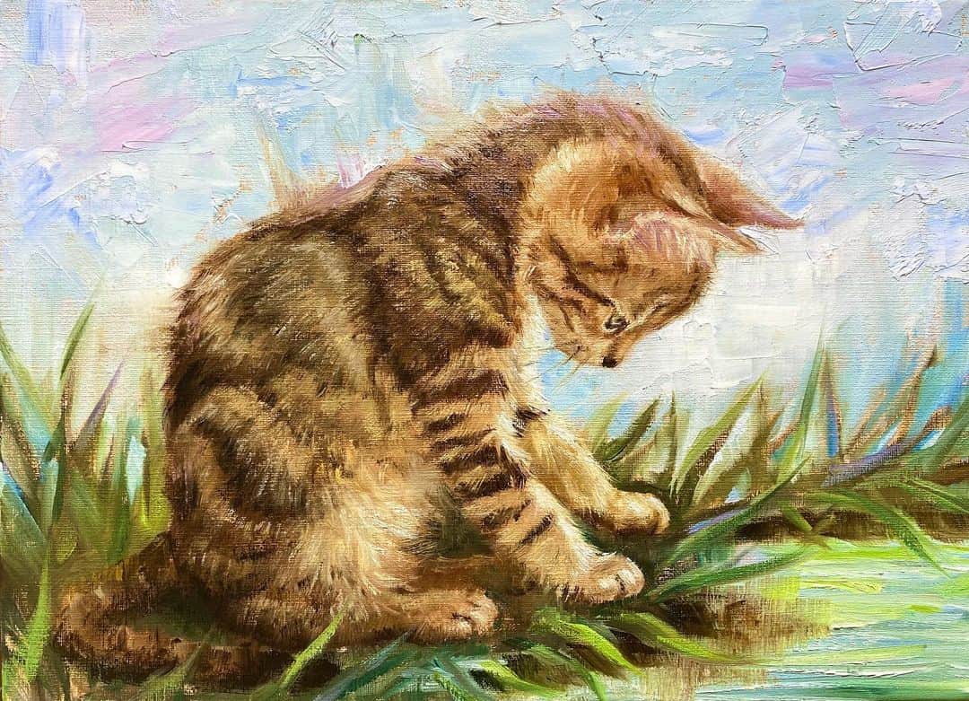 古賀陽子のインスタグラム：「“水辺の仔猫”  #cat #猫 #ねこ にゃー  #アート #アーティスト #アートワーク #画家 #美術館 #作品 #油絵 #絵画展 #絵画のある暮らし #ギャラリー #個展 #神戸 #exhibition #exhibit #art #instaart #instaartist #artist #artwork #gallery #stilllife #painting #yokokoga #古賀陽子 #academic #academicart #academic_artworks」