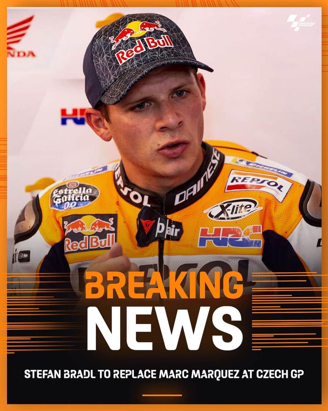 のインスタグラム：「BREAKING 📣 @marcmarquez93 to miss the #CzechGP 🇨🇿 @stefanbradl6 will the replace the reigning #MotoGP Champ in the @HRC_MotoGP box 📋‬」