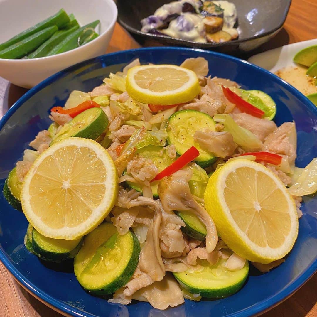 のインスタグラム：「本日の晩御飯。 季節野菜と豚肉たっぷり入れて☺️  #岡部玲子 #タレント　#レポーター　#アナウンサー　#キャスター　#ジュニアアスリートフードマイスター #料理　#夏野菜　#豚肉 #季節の食材　#cooking #japanese #healthyfood」