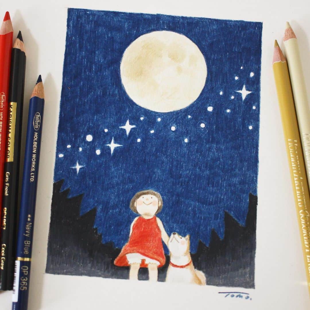 Tomoko Shintaniのインスタグラム：「わおーん。 . FULL MOON NIGHT🌝✨ . #moon #shiba #holbeinartistscoloredpencil #karismacolor」