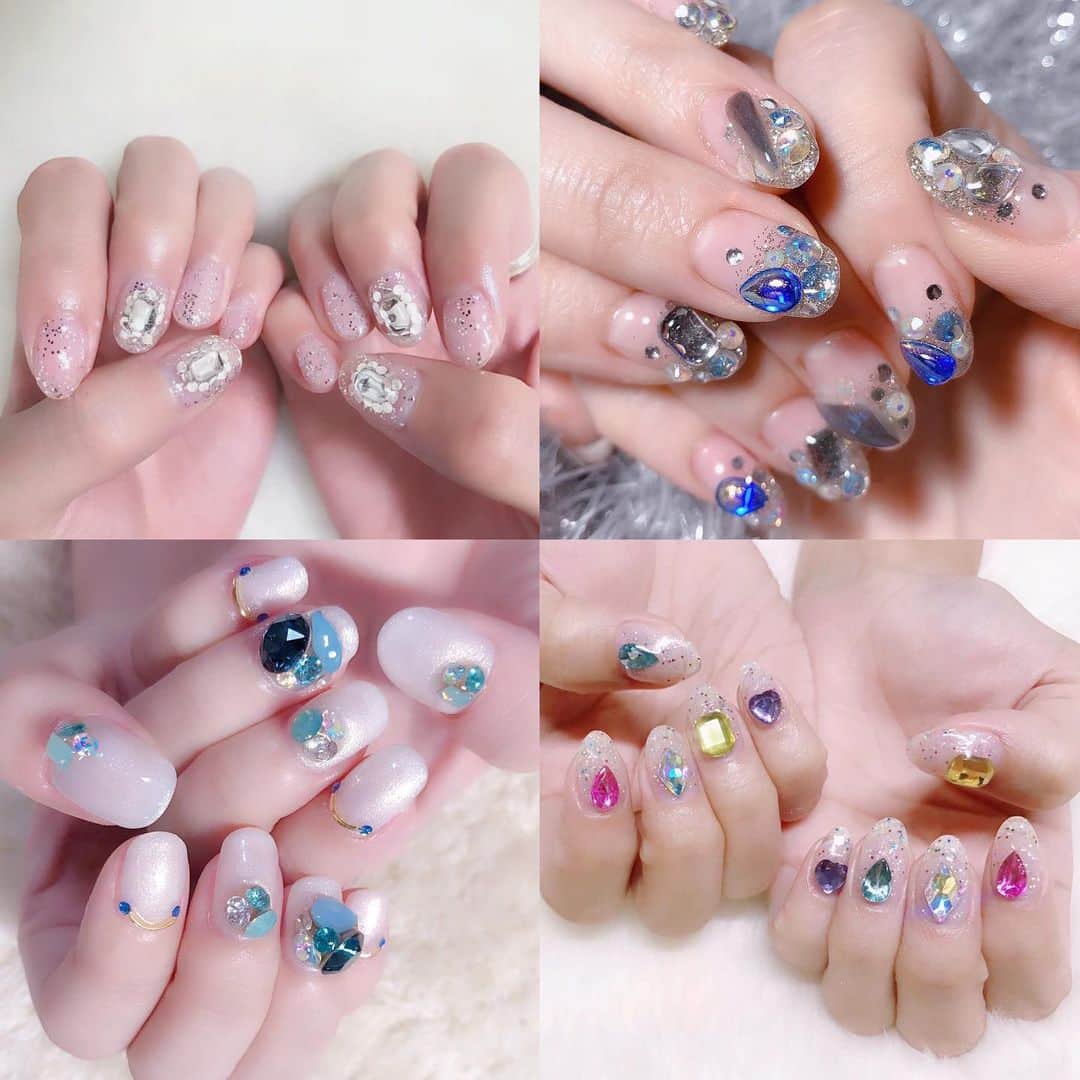 なかやまちえこのインスタグラム：「過去のbijou nails.4選⠀ #ビジューネイル　#bijounails #nail #nails #nailart #ネイル #美甲 #ネイルアート  #japanesenailart #manucure #japanesenails #manicurist #gelnails #أظافر #네일아트 #미용 #vẽmóng #ngườiđẹp  #เพ้นท์เล็บ #искусствоногтя #artedeuñas #เพ้นท์เล็บเจล #ジェルネイルデザイン #ネイルデザイン #senikuku #nagelkunst #stonenails #ストーンネイル」
