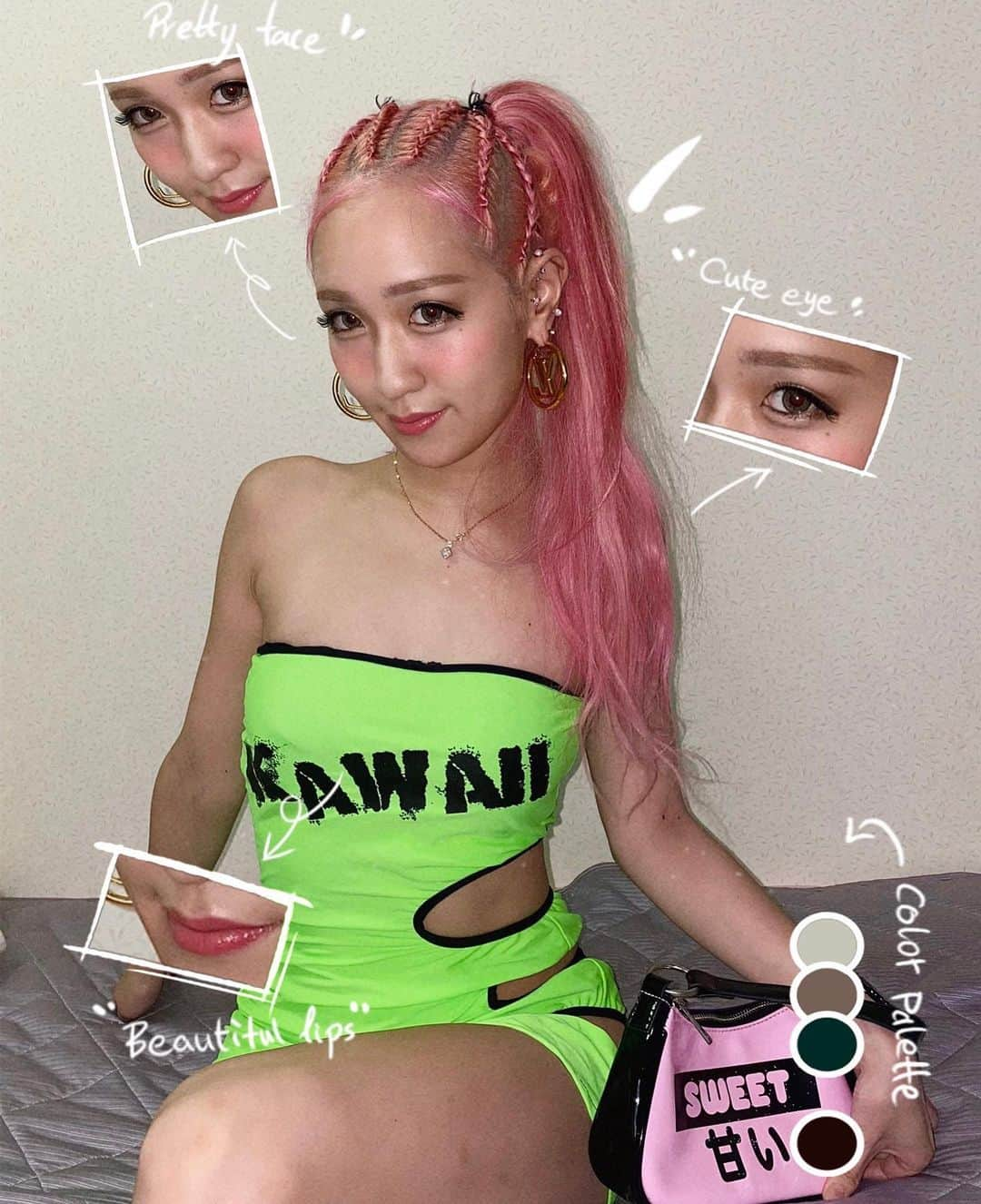 Yumikaさんのインスタグラム写真 - (YumikaInstagram)「I stay home being sweet & kawaii 😉💗💚💗💚 みなさますてきなよるをすごしてネ💋 . #instafashion #yuminemstyle #kawaii #dollskill #asiangirl #japanesegirl #asianbabe #pinkhair #cornrows #neongreen  #ピンクヘアー #コーンロウ #パリピ #ギャル」8月4日 23時15分 - yuminem923