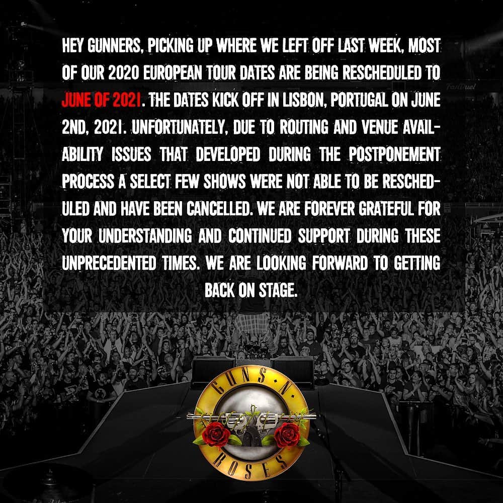 Guns N' Rosesさんのインスタグラム写真 - (Guns N' RosesInstagram)「European tour dates rescheduled 👉」8月5日 8時41分 - gunsnroses