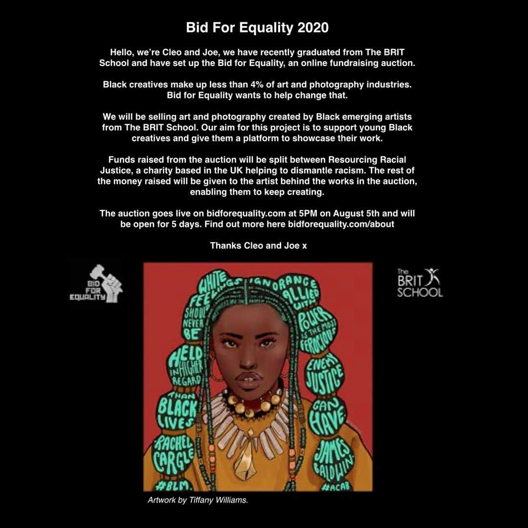 ナイル・ロジャースさんのインスタグラム写真 - (ナイル・ロジャースInstagram)「THE BID FOR EQUALITY is live NOW 🚨🚨🚨 This special online auction will only be live for five days selling special works created by some of the Black emerging creatives from The BRIT School.  75% of funds raised from the auction will be donated to Resourcing Racial Justice with the other 25% going back to the artist to encourage them to keep creating. Follow the link in @bidforequality bio to find out more about all the amazing art pieces that are available and how to bid on some work!  #CHANGETHENARRATIVE  #BIDFOREQUALITY  @mermaniac.art @aleah.beann @alex_visual_arts @bydtrt @disland_art_space @drawdifference @isaacredstone @jd.media_ @jess._.ds @tiffeyks」8月6日 1時18分 - nilerodgers