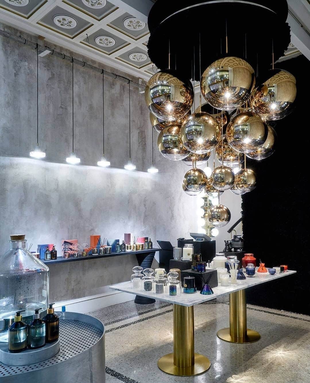 のインスタグラム：「A massive Mirror Ball chandelier in the middle of our Perfumery.⁠ ⁠ We've covered the ceiling canopy and wall with black moss (by @freund_gmbh) designed to absorb the soaps and smells of our scent collections below.⁠ ⁠ Part of our Multiplex exhibition during Milan Design Week 2017.⁠」