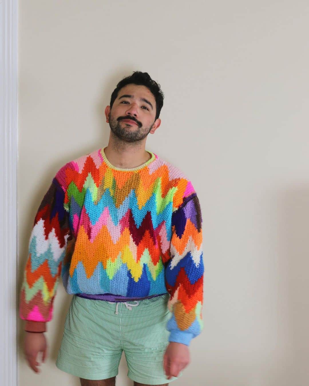 Phil Fergusonのインスタグラム：「TAH DAH!   I lost count what number jumper this is but it is finally complete! Heading into Stage 4 lockdown, a jumper made of all my leftover yarn would’ve been a decent project to take over the next six weeks but I’ve done it already!  I think this is already my favorite jumper I’ve made during this pandemic? I’m a pretty sentimental person, so pieces of yarn from previous projects in one thing gives me a kick in the butt to keep being creative lolol  Anyway, I’ll have a new think about what I could make next during the next six weeks of lockdown.  Everyone keep safe!」