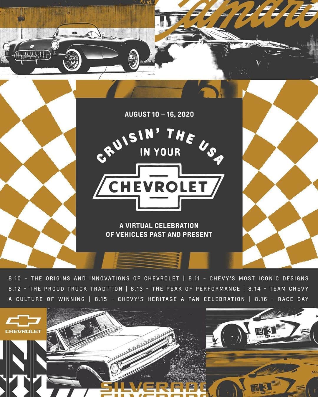シボレーのインスタグラム：「Join us Monday, August 10 as we kick off a week-long virtual celebration. Follow us for daily heritage videos, photos and activities, and share your own fan photos using #ChevyLove.」