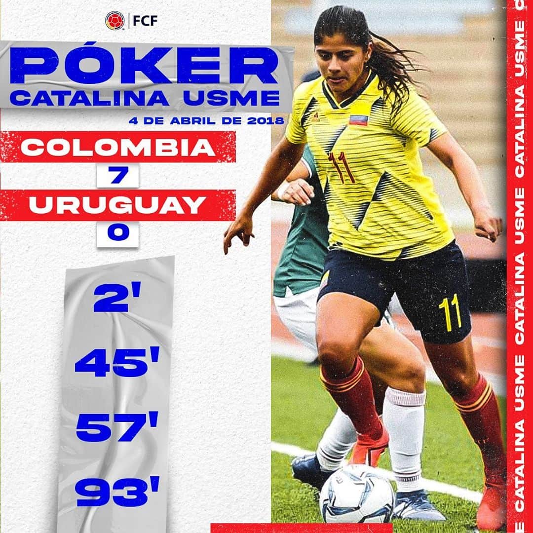 サッカー コロンビア代表チームのインスタグラム：「¿Recuerdas cómo fue el póker de @catausme con la Selección de mayores 🇨🇴?   ♦️♥️♣️♠️  Fue en la victoria 7⃣-0⃣ 🆚 Uruguay por la Conmebol Copa América Femenina 2018.」
