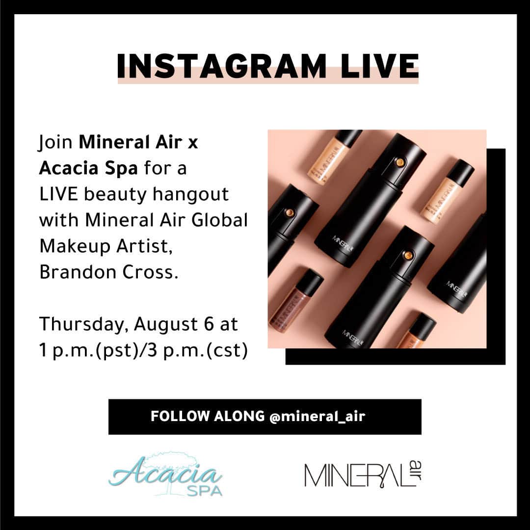 Mineral Airさんのインスタグラム写真 - (Mineral AirInstagram)「Make sure you tune in tomorrow at 1pm PST/3pm CST for our co-Instagram Live with @AcaciaSpa! Our Global Makeup Artist, Brandon Cross, will be going live to demonstrate a gorgeous summer look using Mineral Air products, as well as sharing his fave tips and tricks for a fast, easy and touchless beauty routine. See you tomorrow. 💕」8月6日 2時38分 - mineral_air