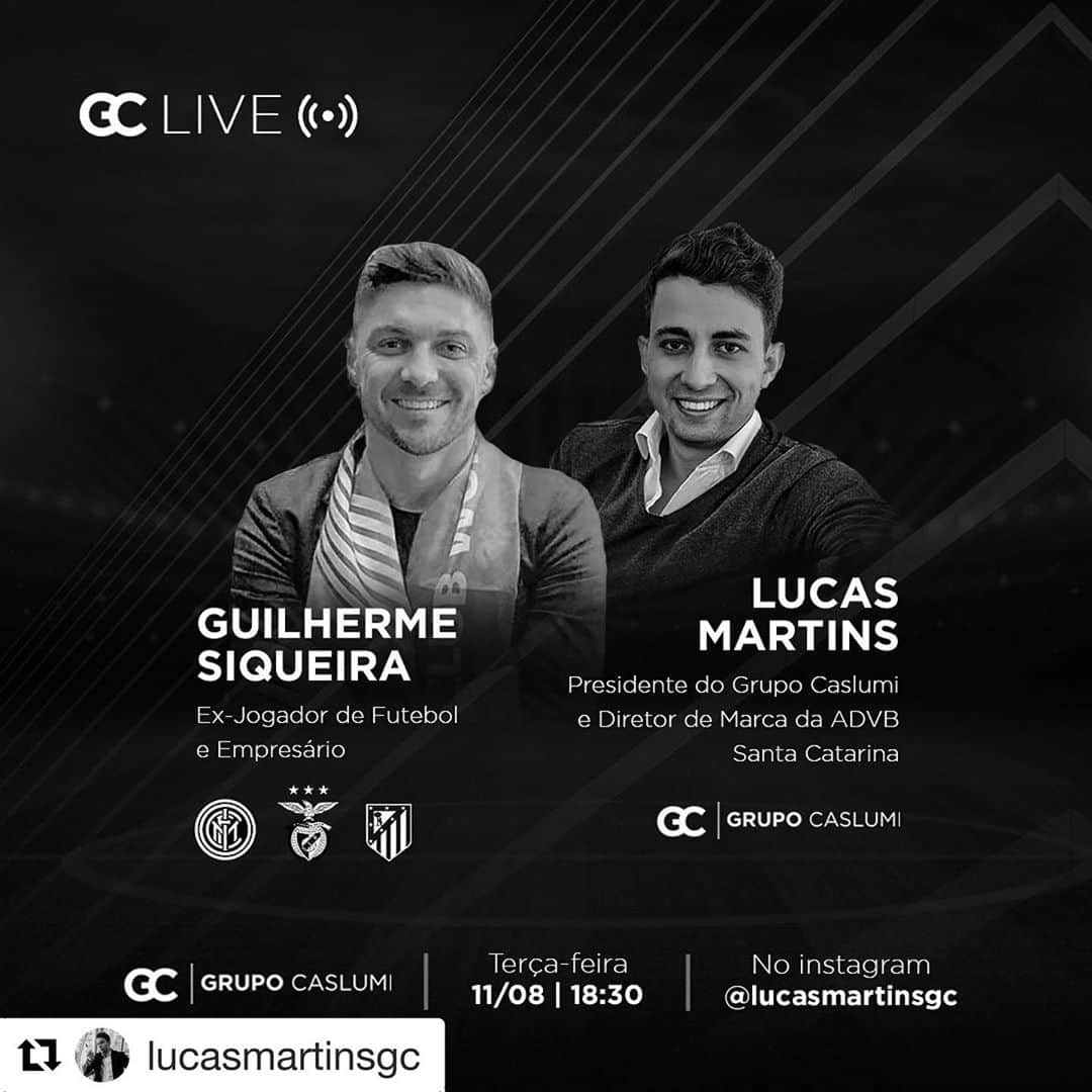 ギリェルメ・シケイラのインスタグラム：「#Repost @lucasmartinsgc with @get_repost ・・・ Encerrando nossa sequencia de lives, nosso ultimo convidado é Ex Jogador de Futebol e hoje Diretor na You First Sports. Com passagem pelas maiores ligas do mundo, Guilherme Siqueira acumula uma trajetória de sucesso junto a clubes como: Internazionale, Lazio, Udinese, Granada, Atlético de Madrid, Benfica, Valencia entre outros!  Natural de Florianópolis(SC), Guilherme acumula títulos como campeão do Campeonato Português, Taça de Portugal, Taça da Liga e na Espanha, a Supercopa da Espanha.  Hoje, Siqueira é Diretor na You First Sports, uma multinacional espanhola de representação e marketing esportivo com 18 escritórios em 11 países: Nova York, Miami, Indianápolis, Atlanta, Madri, Barcelona, Sevilha, Bilbao, Valência, Milão, Cidade do México, Buenos Aires, Santiago do Chile. , Istambul, Frankfurt, Paris, Kaunas e Xangai. Atualmente, o YFS representa mais de 590 atletas de 35 nacionalidades. Sua divisão de Marketing Esportivo, You First Marketing & BD, presta serviços de consultoria em Marketing Esportivo para mais de 100 empresas em 8 países, que atuam nos mais diversos setores de atividade.  Fecharemos assim nosso projeto, de maneira leve, descontraída, com Siqueira trazendo histórias, sua trajetória e fatos marcantes da sua carreira!  Marque na agenda, próxima terça-feira, dia 11 de agosto as 18h30 no Instagram: @lucasmartinsgc」