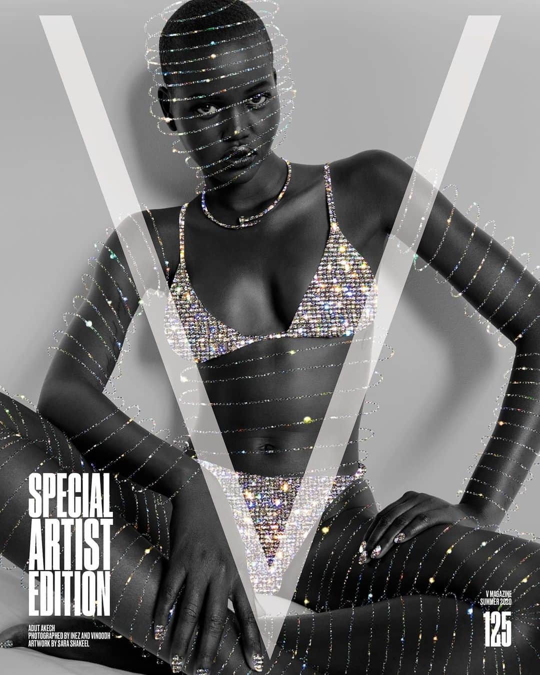 V Magazineさんのインスタグラム写真 - (V MagazineInstagram)「The next generation of supermodels gets remixed! ✨ Next in our lineup is @adutakech! The magic of Adut shines through as her cover is given a sparkly rendition by artist @sarashakeel. Selected by photography duo @inezandvinoodh and @doubledutchcash—the new cash gifting platform with artist-curated digital cards and seamless money transfer, the Pakistan based artist created a crystallized Adut, capturing the dazzling spirit of the model ♥️  Sparkly and safe, this special edition issue has been laminated with an anti-bacterial coating, a breakthrough in magazine history! Head to the link in bio to order the limited edition box-set! — Photography by @inezandvinoodh Artwork by @sarashakeel  Model: @adutakech (@thesocietynyc) — Sign-up at doubledutch.cash to join the waitlist and qualify for early access to the new app.」8月6日 7時47分 - vmagazine