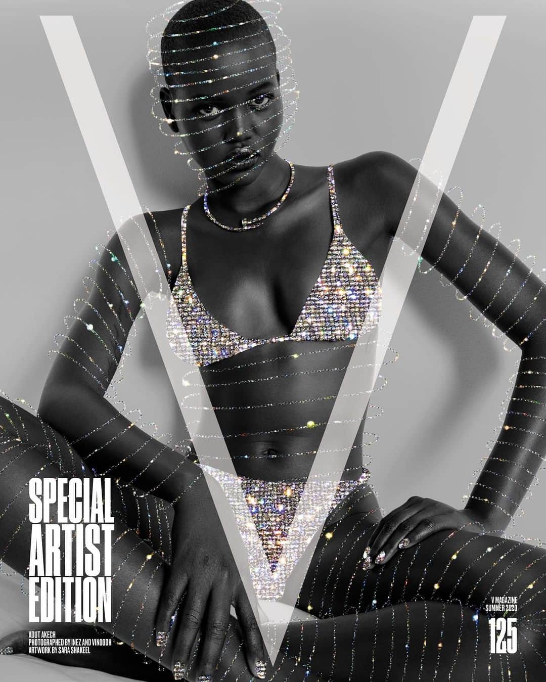 のインスタグラム：「The next generation of supermodels gets remixed! ✨ Next in our lineup is @adutakech! The magic of Adut shines through as her cover is given a sparkly rendition by artist @sarashakeel. Selected by photography duo @inezandvinoodh and @doubledutchcash—the new cash gifting platform with artist-curated digital cards and seamless money transfer, the Pakistan based artist created a crystallized Adut, capturing the dazzling spirit of the model ♥️  Sparkly and safe, this special edition issue has been laminated with an anti-bacterial coating, a breakthrough in magazine history! Head to the link in bio to order the limited edition box-set! — Photography by @inezandvinoodh Artwork by @sarashakeel  Model: @adutakech (@thesocietynyc) — Sign-up at doubledutch.cash to join the waitlist and qualify for early access to the new app.」