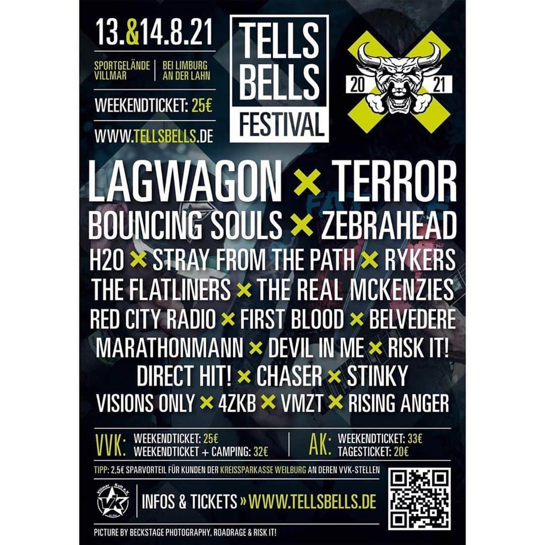 Zebraheadさんのインスタグラム写真 - (ZebraheadInstagram)「This is happening next August!! 53 weeks away..... So um.... Close......  #Repost @tells_bells_festival ・・・ 54 weeks to go 💚💚💚!  LineUp 2020 + #theflatliners + #stinky = LineUp 2021 . Entrance 2020 (25€-32€) = Entrance 2021 . Drinking prices 2020 (0,3l beer, softdrinks, cider for 2€) = drinking prices 2021 . UNBEATABLE . . @lagwagon1989  @terrorhardcore  @bouncingsoulsnj  @zebraheadofficial  @h2o_nyhc  @strayfromthepath  @therealmckenzies  @rykers_httc  @theflatliners  @redcityradio  @firstbloodrules  @marathonmannmuc  @belvederebandofficial  @devil_in_me_band  @directhitband  @riskithc  @chaserpunk  @stinky_hc  @vmzt_retireepunkrock  #visionsonly  @4zimmerkuechebad  @risingangermetal  . #tellsbells #tellsbellsfestival #tellsbells2021 #tellsbellsfestival2021 #hardcore #punkrock #lagwagon #terrorhardcore #bouncingsouls #zebrahead #H2O #strayfromthepath #therealmckenzies #theflatliners #rykers #firstblood #redcityradio #marathonmann #belvedere #devilinme #riskit #directhit #stinky #chaser #vmzt #visionsonly #4zkb #risinganger」8月6日 9時14分 - zebraheadofficial