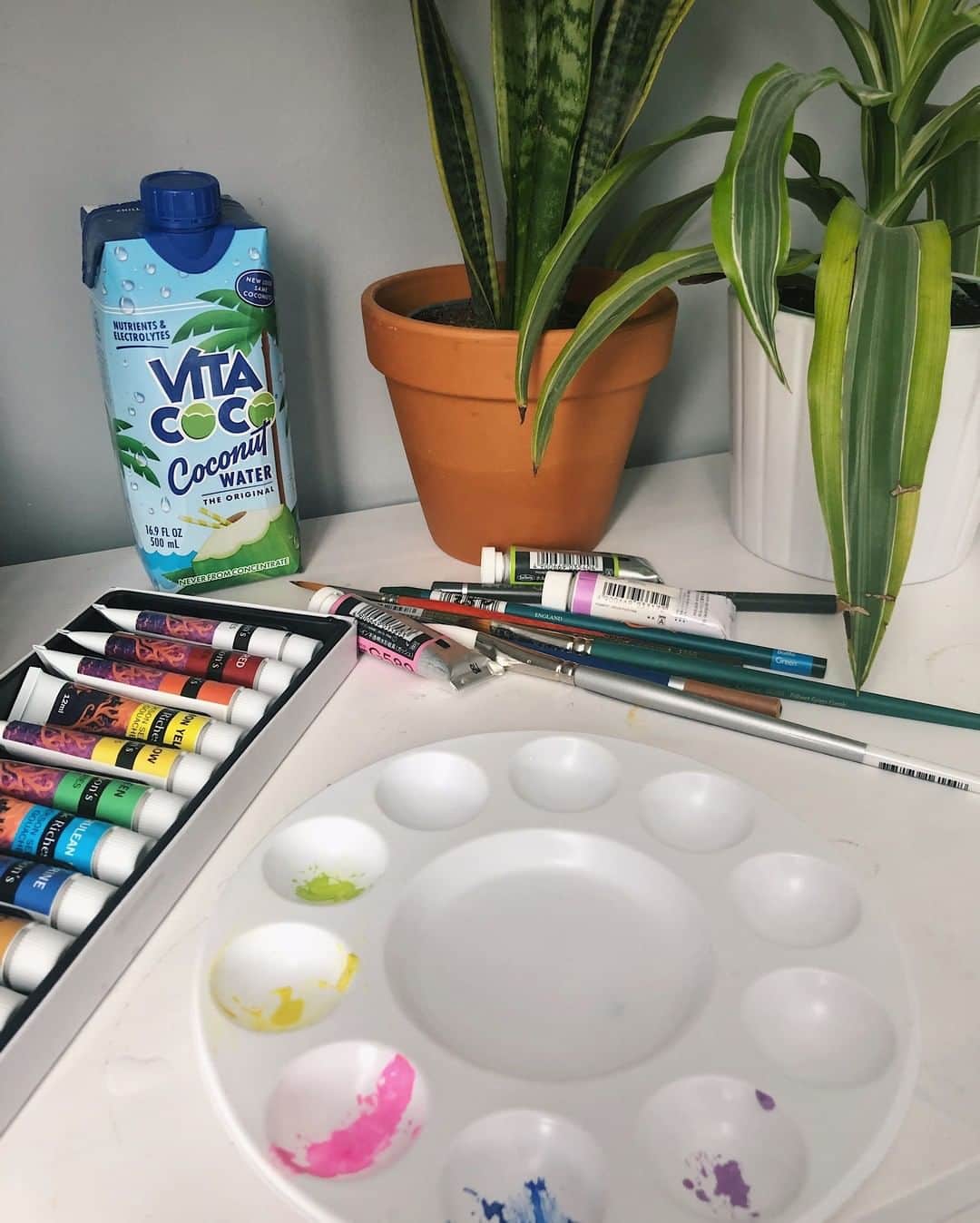 Vita Coco Coconut Waterのインスタグラム：「Since quarantine happened I've been trying to take on more hobbies, painting is my latest.  How do I paint without arms, you ask?  Well, I'm still figuring that one out.」