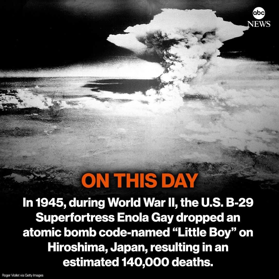 ABC Newsさんのインスタグラム写真 - (ABC NewsInstagram)「ON THIS DAY: In 1945, during World War II, the U.S. B-29 Superfortress Enola Gay dropped an atomic bomb code-named “Little Boy” on Hiroshima, Japan, resulting in an estimated 140,000 deaths. #onthisday #wwii #hiroshima」8月6日 17時09分 - abcnews