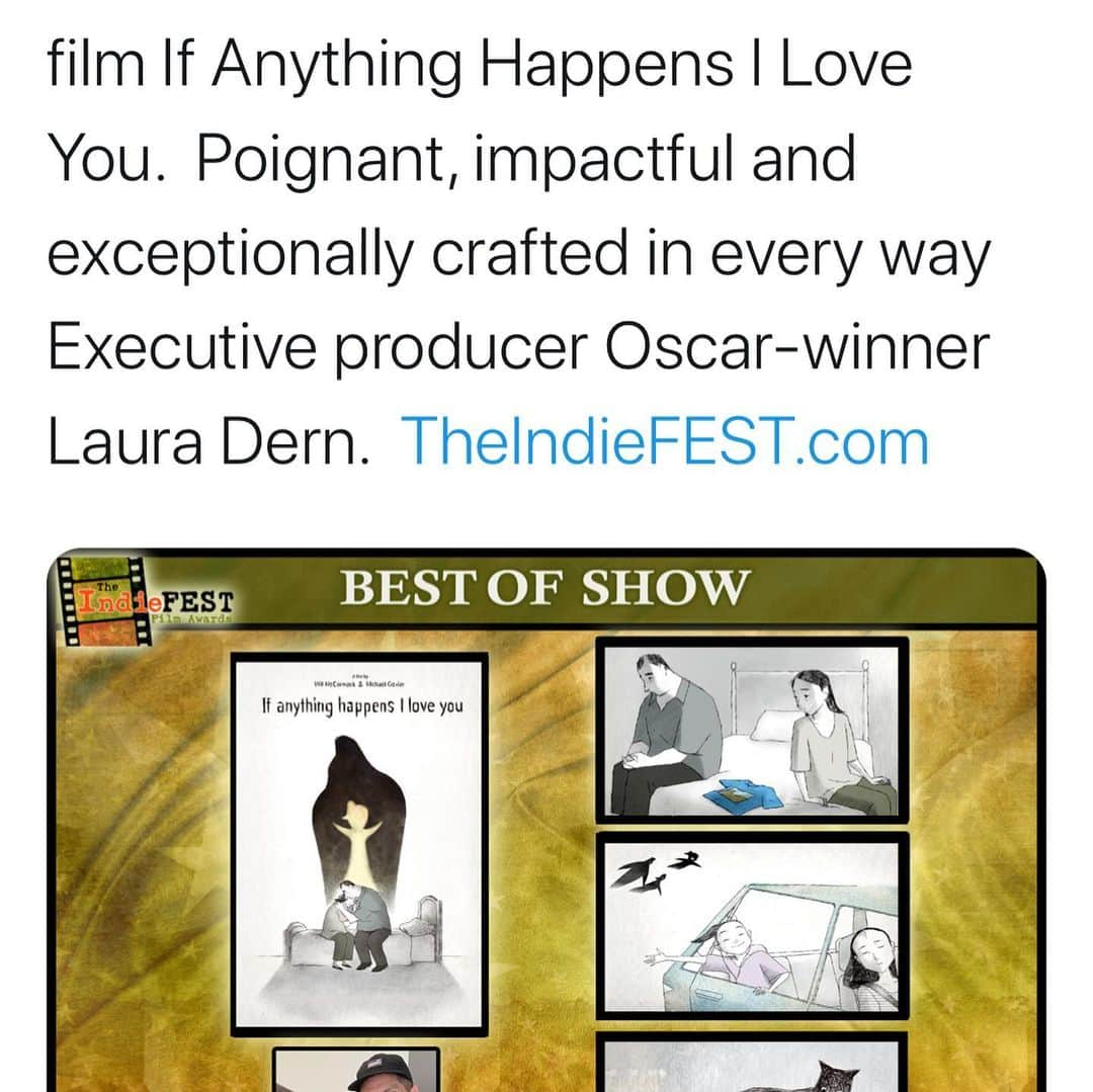 ウィル・マコーマックのインスタグラム：「Thank you IndieFest for our Best in Show award for “If anything happens I love you”. Our film coming soon to all! 🙏🏻❤️」