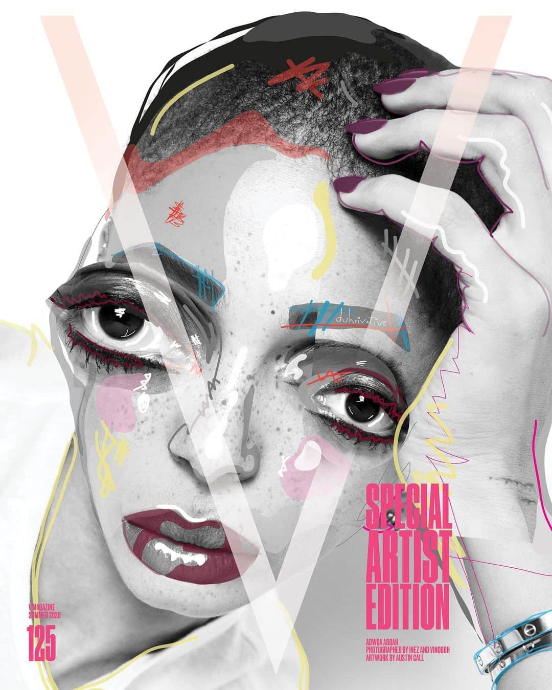 のインスタグラム：「The next generation of supermodels gets remixed! ✨ Next in our lineup is @adwoaaboah! Adwoa is transformed into a digital illustration by artist Austin Call (@duhrivative). Selected by photography duo @inezandvinoodh for our limited edition 15-issue box set, the Indiana native experiments with photo manipulation and doodle detailing for a one-of-a-kind art piece 🎨  In addition, this special edition issue has been laminated with an anti-bacterial coating, a first in fashion magazine history! Head to the link in bio to order the limited edition box-set! — Photography by @inezandvinoodh Artwork by @duhrivative Model: @adwoaaboah (@dnamodels)」