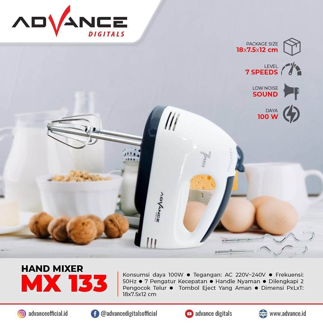 Aliando Syariefのインスタグラム：「Hand mixer merupakan peralatan dapur yang memberi kemudahan untuk mengaduk adonan, Berbagai produsen meluncurkan produk andalannya masing-masing dengan bermacam harga.  Mixer MX-133, produk ini sangat direkomendasikan karena menyediakan fitur yang memadai dengan harga ramah di kantong dan hemat listrik. Memiliki bentuk yang mungil tapi mempunyai sampai 7 pengatur kecepatan, sehingga membuat pekerjaan mengaduk adonan jadi lebih ringan.  Anda cukup menggeser tombol speed  ke atas untuk menambah kecepatan dan geser tombol kebawah untuk mengurangi kecepatan, lebih praktis dan effortless. Hand mixer ini juga bisa Anda gunakan untuk mencampur adonan yang berjenis semisolid maupun semiliquid. . . . . . #handmixer #mixer #mixerkue #mixerkuedanroti #bakingtools #breadmaker #alatbaking #handmixeradvance #mixeradvance #advance #advancedigitals #tokopedia #lazada #shopee #bukalapak #blibli @advanceofficial.id」