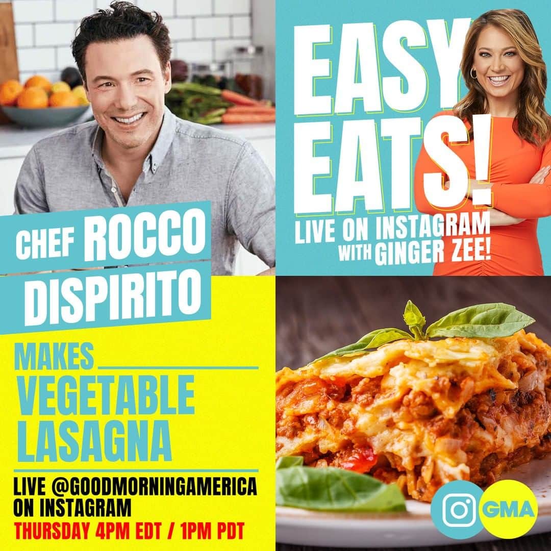 Good Morning Americaさんのインスタグラム写真 - (Good Morning AmericaInstagram)「#EasyEats LIVE on Instagram this afternoon starting at 4pmET! @Ginger_Zee makes a veggie lasagna with Chef @roccodispirito!」8月7日 0時30分 - goodmorningamerica
