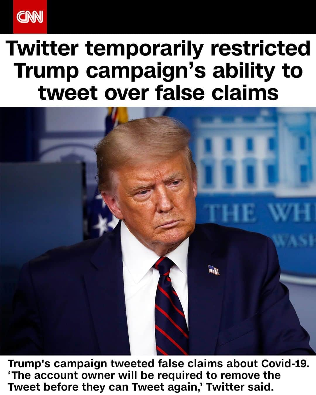 CNNさんのインスタグラム写真 - (CNNInstagram)「Twitter said Wednesday it restricted President Trump’s campaign from tweeting after its account shared a video containing false claims about the coronavirus. The tweet, a video of Trump's interview with Fox News in which he said children are "almost immune" to the virus, "is in violation of the Twitter Rules on Covid-19 misinformation," a Twitter spokesperson said. ⁠ (📸: Alex Brandon/AP)」8月7日 1時11分 - cnn