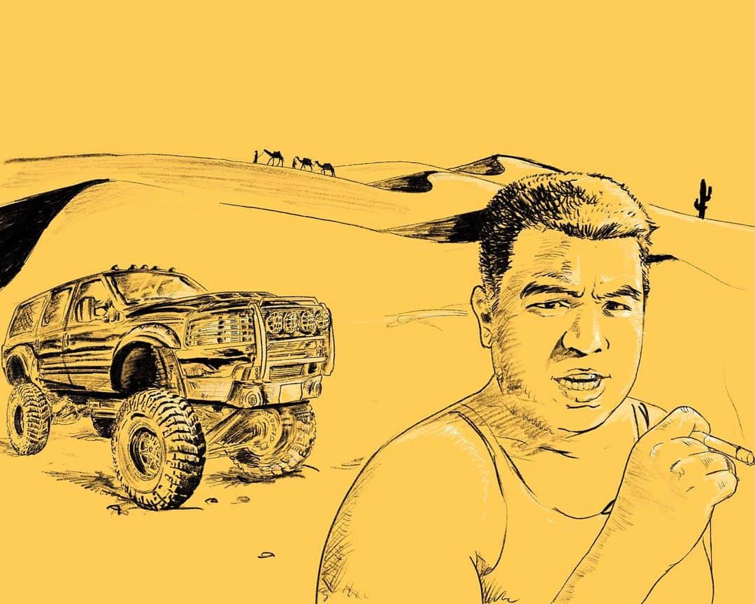 西本武徳のインスタグラム：「砂漠でオフロード車が故障してしまうシュチュエーションは男の夢ですよね #ジェラードン  #免許失効してしまったけど」