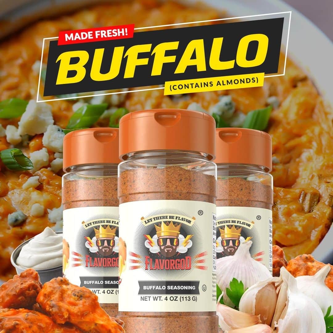 Flavorgod Seasoningsさんのインスタグラム写真 - (Flavorgod SeasoningsInstagram)「#FlavorGod Buffalo Seasoning!!⁠ -⁠ Add delicious flavors to your meals!⬇️⁠ Click link in the bio -> @flavorgod  www.flavorgod.com⁠ -⁠ With the use of fresh ground herbs and spices, this buffalo seasoning is different than any store bought seasoning. Using real almonds for an extra layer of umami flavor, this seasoning begins with the savory and zesty notes from lemon and garlic followed by the gradual heat of cayenne chile peppers and paprika for a classic Buffalo flavor that's perfect for hot wings any style as well as your new all purpose seasoning for your favorite meals, snacks, and appetizers. - Try it on: - Buffalo Wings - Salad dressings and dipping sauces - Vegetable - Popcorn - Potato chips - Hot sandwiches - Salads - Sautées - Chicken with pasta - Grilled meats and vegetables - Anything else you'd like with the flavor of a classic Buffalo flavor. ⁠ -⁠ Flavor God Seasonings are:⁠ 💥ZERO CALORIES PER SERVING⁠ 🔥0 SUGAR PER SERVING ⁠ 💥GLUTEN FREE⁠ 🔥KETO FRIENDLY⁠ 💥PALEO FRIENDLY⁠ -⁠ #food #foodie #flavorgod #seasonings #glutenfree #mealprep #seasonings #breakfast #lunch #dinner #yummy #delicious #foodporn」8月7日 3時01分 - flavorgod