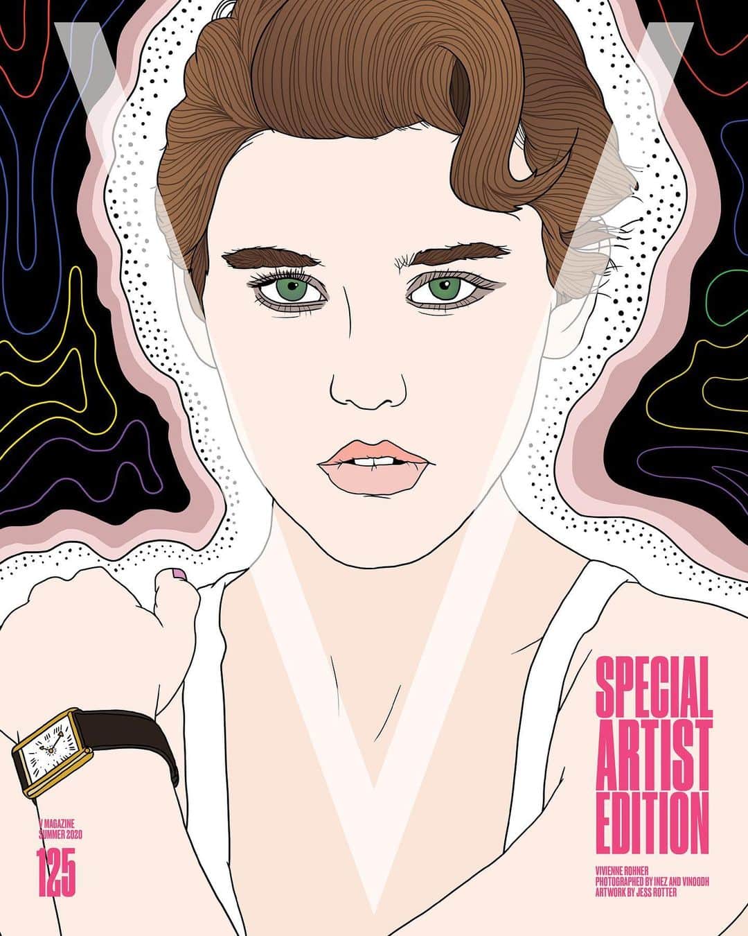 のインスタグラム：「The next generation of supermodels gets remixed! ⚡️ Next in our lineup is @viviennerohner! Vivienne is reinterpreted into an illustration of color mania by artist Jess Rotter. Selected by photography duo @inezandvinoodh and @doubledutchcash—the new cash gifting platform with artist-curated digital cards and seamless money transfer, the Los Angeles based artist gives the detail of Vivienne’s cover a playful and animated touch ♥️  In addition, this special edition issue has been laminated with an anti-bacterial coating, a first in fashion magazine history! Head to the link in bio to order the limited edition box-set! — Photography by @inezandvinoodh Artwork by @rotterandfriends Model: @viviennerohner (@heroesmodels) — Sign-up at doubledutch.cash to join the waitlist and qualify for early access to the new app!」