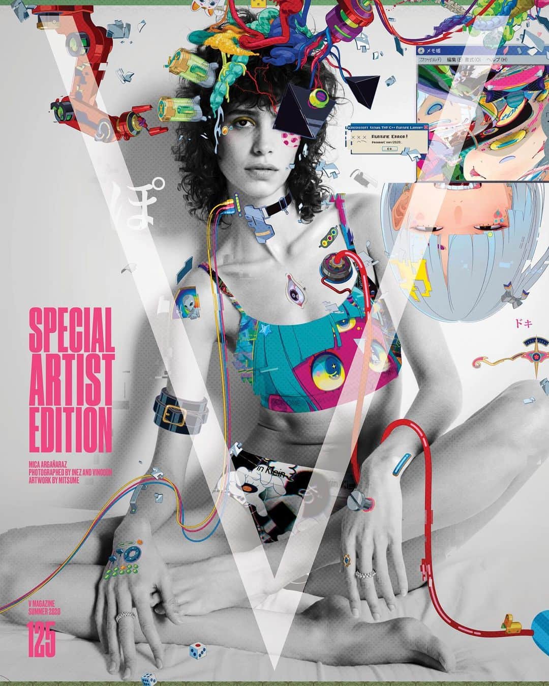 のインスタグラム：「The next generation of supermodels gets remixed! ⚡️ Next in our lineup is @micarganaraz! Mica is reimagined into a glitch-faceted work of art by artist Mitsume. Selected by photography duo @inezandvinoodh and @doubledutchcash—the new cash gifting platform with artist-curated digital cards and seamless money transfer, the Japanese artist combines elements of character illustrations and computer errors, giving Mica some cyborg realness ♥️  In addition, this special edition issue has been laminated with an anti-bacterial coating, a first in fashion magazine history! Head to the link in bio to order the limited edition box-set! — Photography by @inezandvinoodh Artwork by @3eyestakahashi Model: @micarganaraz (@dnamodels) — Sign-up at doubledutch.cash to join the waitlist and qualify for early access to the new app!」