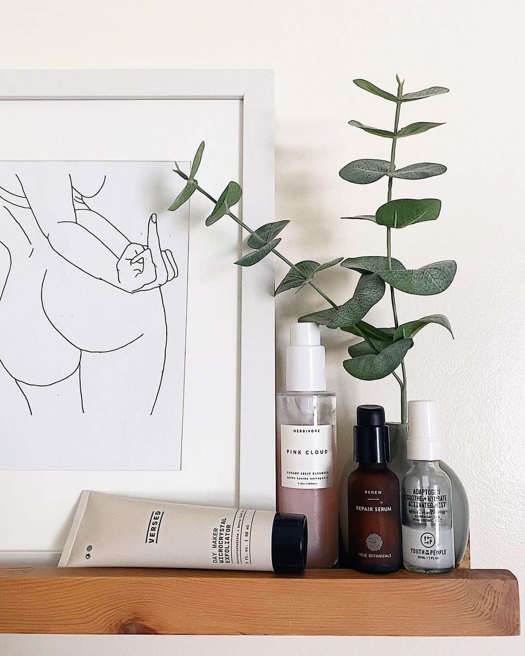 Camden Scottのインスタグラム：「This sweet lady in my bathroom is saying a big F you to beauty standards (not to my skincare, just to be clear) 🙃  Not spon but wanted to share some of my tried and true fav products/brands along with some newbies!   @truebotanicals renew repair serum - my holy grail. Saves my skin when it’s dehydrated and I mix it with the vitamin C booster to help my excessive redness.  @youthtothepeople activated mist - this is a newish addition to my daily routine. I spray in between a few steps of my skincare routine to lock in moisture and also through the day. *chefs kiss*  @herbivorebotanicals pink cloud creamy jelly cleanser - the best morning cleanser or 2nd cleanser in your double cleansing routine. I am in love. It’s perfect for getting that foam fix without an actual foam cleanser.  @versed exfoliant - this is my new guy! I’m not personally a fan of physical exfoliants but I know a lot of you love them so trying to find good ones to recommend. Let me know if you’ve tried it!」