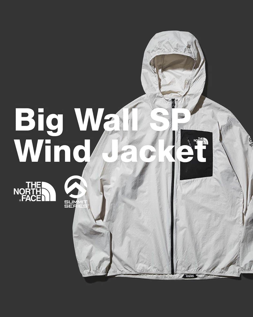 のインスタグラム：「【Big Wall SP Wind Jacket】  高強度繊維”スペクトラ”を採用したウインドジャケット。  水に浮く軽さを持ちながら、鉄よりも強いとされる繊維「スペクトラ」を採用することで、鋭い岩などに擦れても簡単には破れることのないウインドジャケット。  薄手シェルの最大の弱点を克服しながらも、製品重量はわずか95g※Lサイズ。  #ザノースフェイス #tnfjp #neverstopexploring」