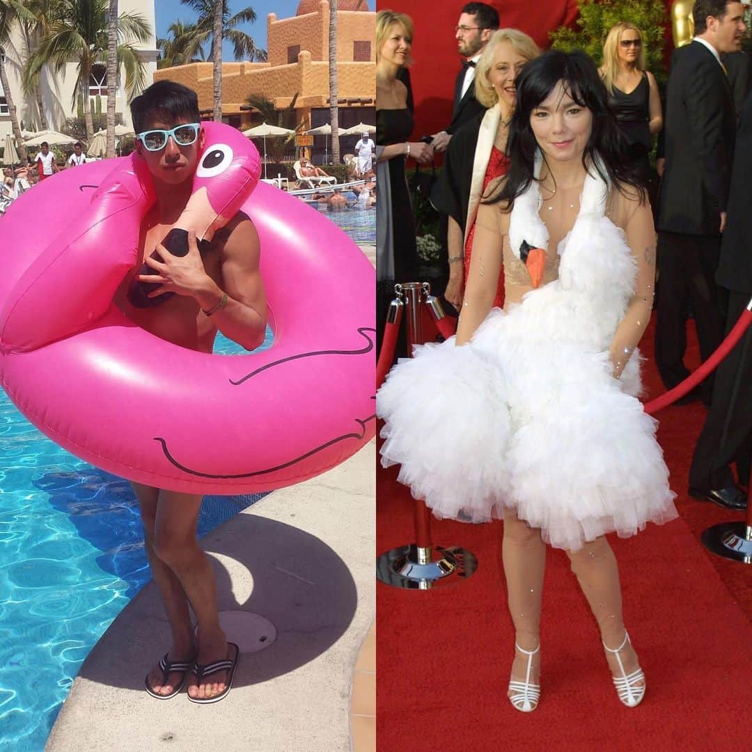 ジェレミー・テンのインスタグラム：「Who wore it better?   #Bjork #WhoWoreItBetter #Throwback #TBT #Mexico #MirandatheFlamingo #Flamingo #PinkFlamingo #Floaties #SwanDress」