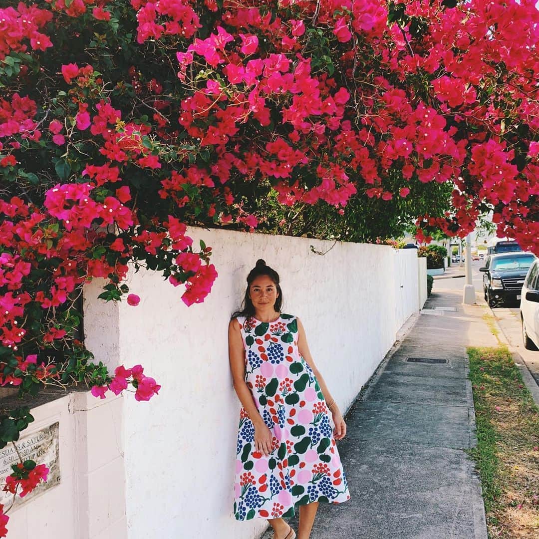 アリッサ ウーテンのインスタグラム：「Love finding a colorful bougainvillea bush on strolls around town 💕 2020 Spring/Summer Marimekko Collection is launching August 7 Tomorrow at UNIQLO Ala Moana @uniqlo_hawaii @marimekko My favorite is this super fun dress ☀️」