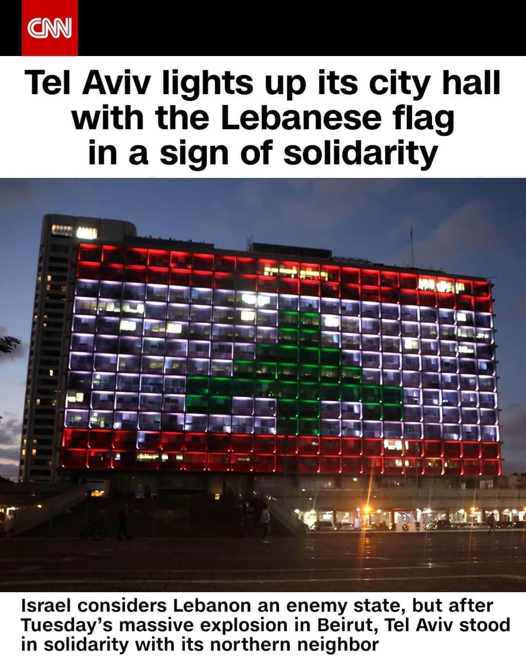 CNNさんのインスタグラム写真 - (CNNInstagram)「Tel Aviv’s city hall was illuminated with the Lebanese flag 🇱🇧 on Wednesday as a show of support after a massive explosion in the capital. Israel considers Lebanon, its northern neighbor, an enemy state, but Tel Aviv stood in solidarity. "Humanity comes before any conflict, and our hearts are with the Lebanese people following this terrible disaster," said Tel Aviv Mayor Ron Huldai. Tap the link in our bio for the latest updates on Beirut. ⁠ (📸: Sebastian Scheiner/AP)」8月7日 19時01分 - cnn