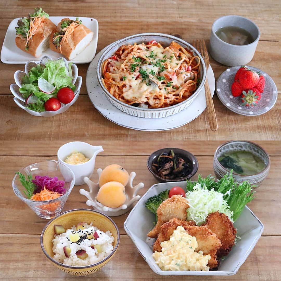 yunaのインスタグラム：「♩ . #まとめて投稿 #ひとりごはん  . . 🍚トマトパスタのチーズ焼き 人参サラダサンド サラダ 野菜スープ いちご🍓 . . 🍚チキンカツタルタルソース さつまいもご飯 ひじきの煮物 お味噌汁 サラダ びわ . . #yunaご飯#lin_stagrammer#kurashiru#delistagrammer#Japanesefood#ロカリキッチン#デリスタグラマー#クッキングラム#クッキングラムアンバサダー#タベリー#フーディーテーブル#Kissカメラ#iegohanphoto#てづくりごはん365#おうちごはん#おうちごはんlover#ママリクッキング#マカロニメイト#おうちごはん通信#キッチングラム#おうちカフェ#夜ごはん#晩ごはん#dinner#小石原焼#翁明窯元」
