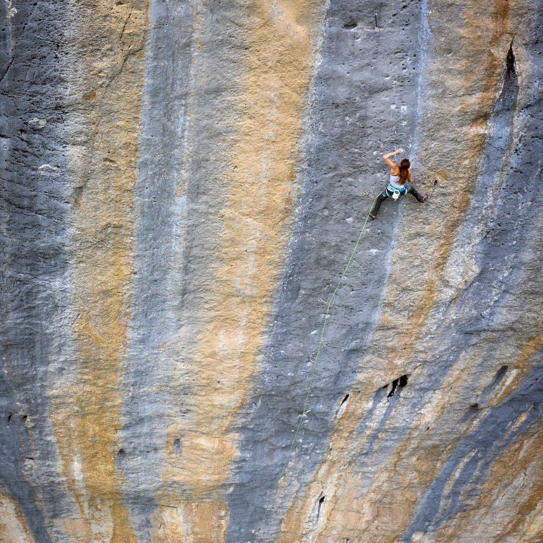 メリッサ・ル・ネーヴェのインスタグラム：「Lately a journalist asked me about my motivation now after climbing Action Directe, which was definitely a big dream of mine. For sure when you put so much energy you have automatically a bit of a down afterwards... but I answered : « well... I have a big list of stunning lines I dream to climb one day... so I better don’t loose too much time » 😆😆. Biographie is one of them and it s a massive challenge with my current endurance... but worth to try ! Spending my summer locally between Ceüse and briancon, chasing the good conditions and having small progress on this blue dream line. Getting inspired by the « try hard energy » from other friends athletes in different masterpieces that Ceüse offers. Special chapeau bas 🎩 @alexandermegos to achieve a stunning performance and inspire us to continue to push our limits ! 📸 @jan_novak_photography  • @adidasterrex @fiveten_official @arkose.climbing @team_edelrid @deuter  • #climbgreen #edelrid #bethbyarkose #climbing #céüse #outdoor #alpes #klettern #escalada #climb」