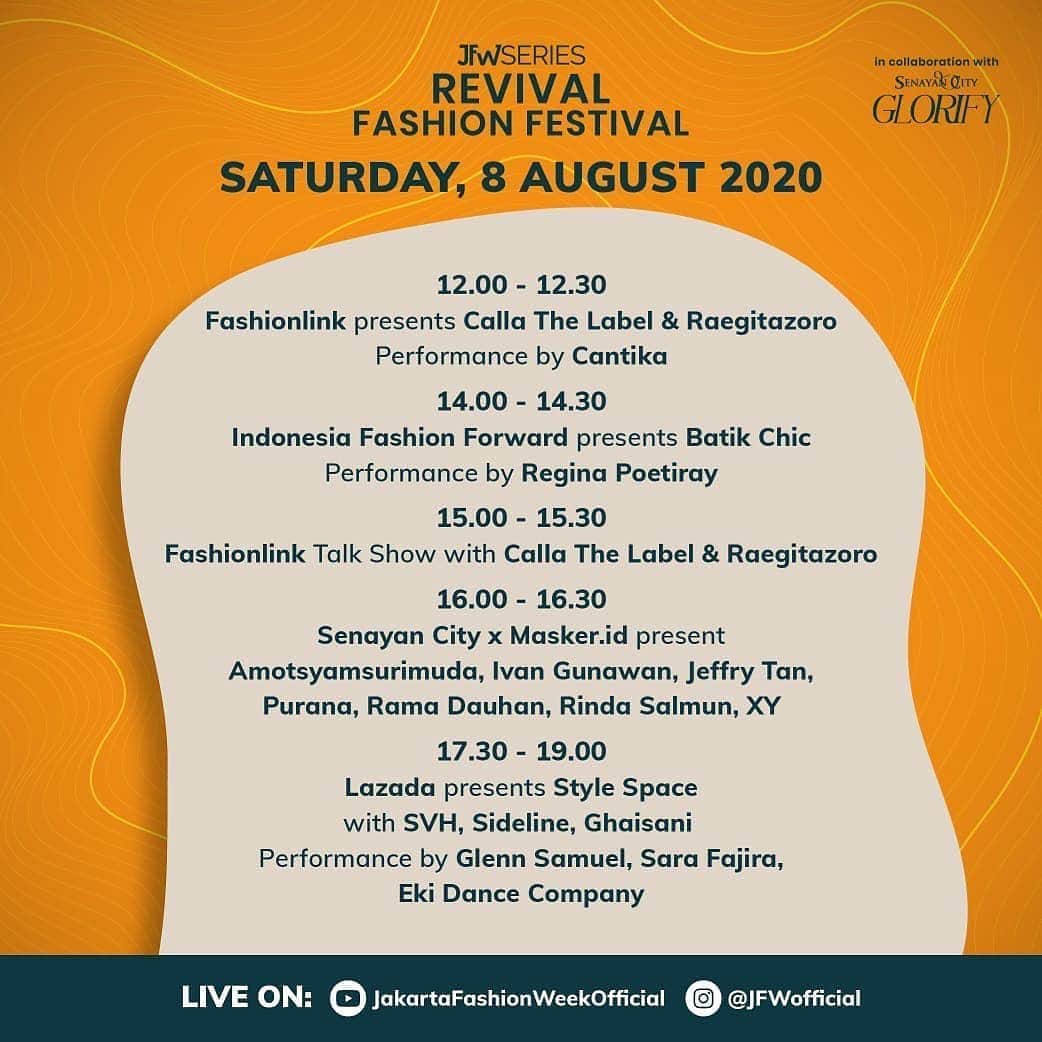 Ivan Gunawanさんのインスタグラム写真 - (Ivan GunawanInstagram)「Posted @withregram • @jfwofficial The line up for the second day of #RevivalFashionFestival2020 is here!  Spend your Saturday with @fashionlink, @senayancity, @masker.id, @lazada_id and #IndonesianFashionForward , and get ready to be inspired!   Saturday, 8 August 2020, 12.00 pm #RevivalFashionFestival2020, a collaboration with @senayancity Glorify Indonesia, will be streamed Live on #JakartaFashionWeek Official Instagram and Youtube channel.   Stay tuned for the updates or visit our app/web to get your show reminders. _   @lazada_id #RFF2020 #RevivalFashionFestival #JFWSeries #RoadtoJFW2021」8月7日 21時31分 - ivan_gunawan