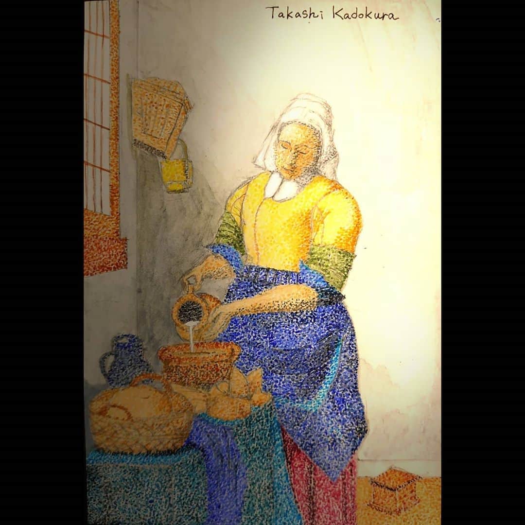 門倉貴史さんのインスタグラム写真 - (門倉貴史Instagram)「フェルメールの『牛乳を注ぐ女』を点描で模写しましたっ❗❗  今回は作業工程をストーリーズにあげてみますね。  イエーイ🤓😁イエーイ🤓😁イエーイ🤓😁  #フェルメール #vermeer #フェルメールブルー #牛乳を注ぐ女 #点描画 #門倉貴史 #名画」8月7日 21時50分 - takashikadokura