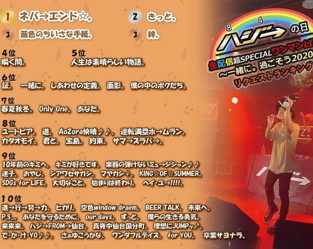 ハジ→さんのインスタグラム写真 - (ハジ→Instagram)「8月4日はハジ→の日❗️❗️✨﻿ ﻿ の、余韻がまだまだまだまーだ、﻿ 抜けないわたしです^ ^笑ww﻿ ﻿ しつこい？？笑🤣﻿ (この始まり方、三回目w)﻿ ﻿ 今回はセトリを大発表❗️❗️❗️﻿ ﻿ ※写真2枚目﻿ ﻿ 生で見れなかったみんなも﻿ ライブ想像してみてね🤤﻿ ﻿ そして﻿ こんなリクエスト結果を受けてのセトリ﻿ だったよ、っていうのがわかる画像も﻿ つけておいたので見比べてみてね♪﻿ ﻿ 3枚目以降の写真は﻿ 当日のライブに参加された方が﻿ スクショをたくさん、﻿ わて宛にDMで送ってきて﻿ くれていたので一部ご紹介✨﻿ ﻿ 最幸のライブだったてこと、﻿ 伝わるかと👀💋﻿ ﻿ ﻿ *･゜ﾟ･*:.｡..｡.:*･'･*:.｡. .｡.:*･゜ﾟ･*﻿ ﻿ ハジ→の日‬﻿ ‪生配信超SPECIALワンマンLIVE!!‬﻿ ‪〜一緒に。過ごそう2020〜‬﻿ ﻿ 超伝説のLIVEとなりましたが、﻿ 今からチケットをご購入でも﻿ 8月18日23:59まで何度も何度も﻿ 録画楽しめますのでよろしくね☺️﻿ ﻿ ➡️プロフのリンクに﻿ 8.4LIVE録画配信チケット🎫ってあるので﻿ そこからGETできます♪﻿ ﻿ ﻿ *･゜ﾟ･*:.｡..｡.:*･'･*:.｡. .｡.:*･゜ﾟ･*﻿ ﻿ セトリに対してや、﻿ 3枚目以降のけいさんとはじさんの﻿ イチャつき写真へのコメント、﻿ お待ちしております♪笑😘﻿ . ちなみに1枚目の写真、後ろ姿の女性は カメラマンの吉祥寺warpの副店長です♪✨ ﻿. ﻿. #ハジ　#ハジー﻿ ‪#8月4日はハジーの日 #兄弟分けいぷらす﻿ #優勝　#優勝したライブ🏆」8月7日 22時08分 - hazzie840