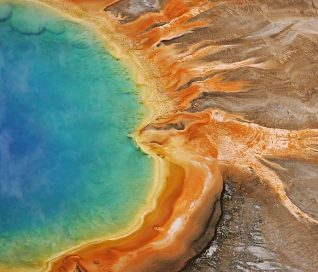 アメリカ内務省さんのインスタグラム写真 - (アメリカ内務省Instagram)「You don't need to leave Earth's orbit to feel like you're on another planet. Yellowstone National Park in #Wyoming has over 10,000 steaming and bubbling #geysers and hot springs that feel otherworldly. But what causes the hot spring's brilliant coloration? It's all thanks to the heat-loving bacteria called thermophiles—"thermo" for heat, "phile" for lovers 🔥. These microscopic organisms survive and thrive in places like the Grand Prismatic Spring, the largest hot spring in the park. Be sure to follow the rules and stay on the boardwalk, take the #YellowstonePledge and enjoy the amazing geologic and hydrothermal features of this special place.  Photo by Jim Peaco, National Park Service.」8月8日 9時10分 - usinterior