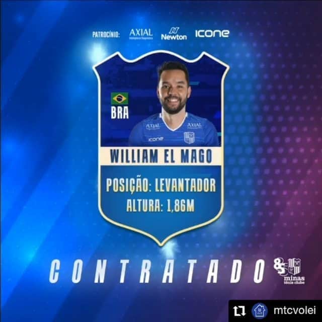 ウィリアム・アルジョナのインスタグラム：「Tem magia nova no ar... azul!! Obrigado Minas Tênis Clube, que possamos construir uma excelente jornada!!  #Repost @mtcvolei • • • • • • 🧙‍♀️ O MAGO É DO MINAS! 🏐  O campeão olímpico William Arjona é o principal reforço do nosso time para a temporada 2020/21.  O levantador, conhecido como “El Mago” pelas jogadas incríveis, disse que “ficaria um vazio na carreira se não pudesse vestir a camisa do Minas”.  Saiba mais em minastenisclube.com.br   #VaiMinas #MinasTenisClube #ParedãoAzul #Volei #VoleiMasculino #Superliga」