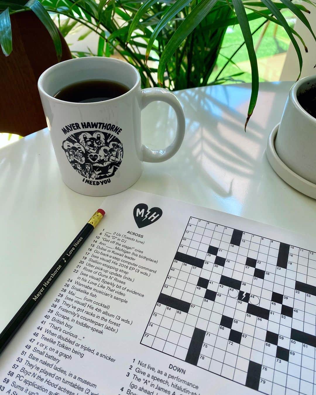 メイヤー・ホーソーンのインスタグラム：「Couldn’t be more excited to announce: the Mayer Hawthorne CROSSWORD! Written by legendary NYT constructor Patrick Merrill. Download it for FREE (link in bio) ALSO for a limited time spend $50 or more in the MH store and receive 2 FREE Love Notes pencils! HOLY ____!(4 letters)」