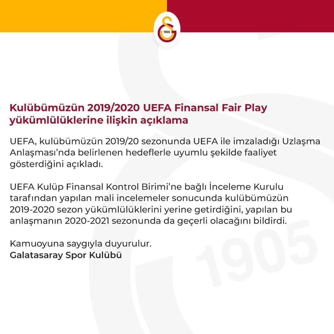 ガラタサライSKさんのインスタグラム写真 - (ガラタサライSKInstagram)「Kulübümüzün 2019/2020 UEFA Finansal Fair Play yükümlülüklerine ilişkin açıklama」8月8日 3時34分 - galatasaray